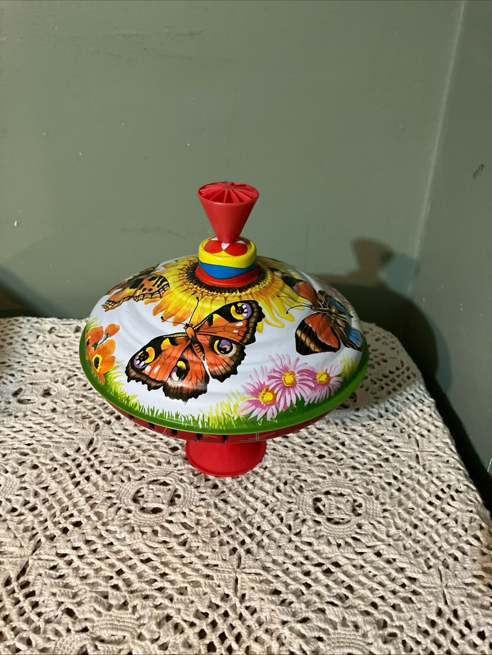 Vintage Retro LBZ Lorenz Bolz Tin Spinning Top Toy Insects Flowers Print Kids